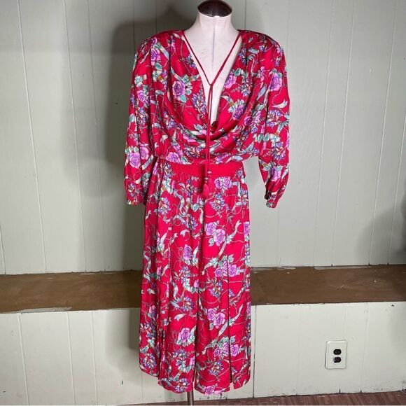 Vintage 80s Designer Diane Freis 100% Silk Beaded Plunge Floral‎ Midi Dress S M - Picture 4 of 12